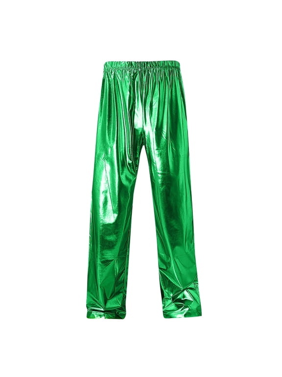 Mens Pants Shiny Solid Color Elastic Waist Straight-Leg Loose Trousers for Performance & Party