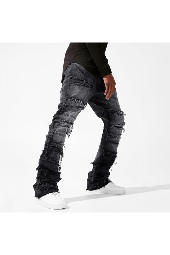 Mens Pants Slim Fit Stacked Ripped Patch Stretch Denim Streetwear Men's Jeans Black L