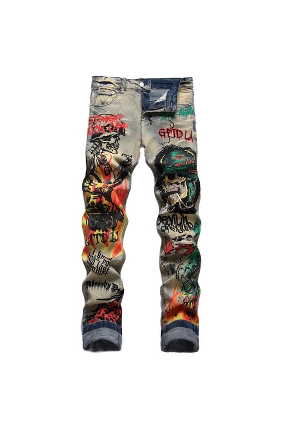 Mens Pants Slim Straight Tube Retro Hop Pants Street Jeans Graffiti Printed Pleated Streetwear Denim Trousers
