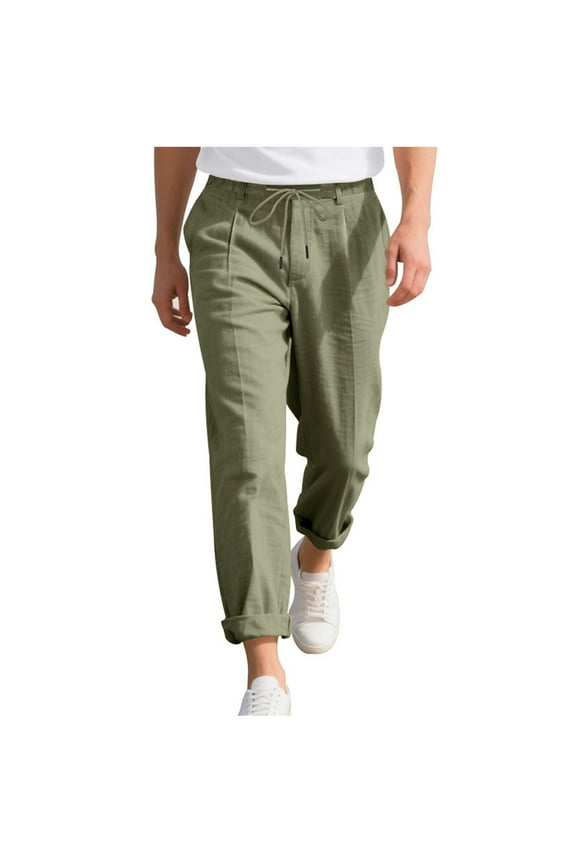 Mens Pants with Pockets, Men's Cotton Linen Pants Elastic Waist Drawstring Casual Trouser Lightweight Straight-Legs Loose Beach Yoga Pants S-3XL