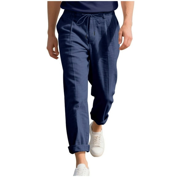 Mens Pants with Pockets, Men's Cotton Linen Pants Elastic Waist Drawstring Casual Trouser Lightweight Straight-Legs Loose Beach Yoga Pants S-3XL