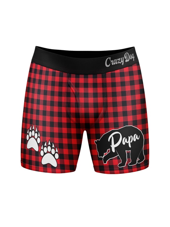Mens Papa Bear Boxers Funny Fathers Day Paw Print Plaid Graphic Novelty Underwear for Guys