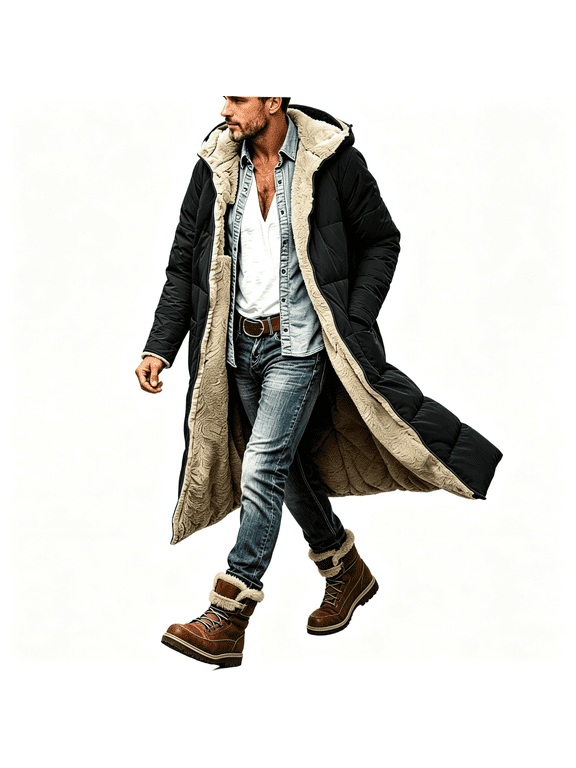 Mens Parkas Sherpa Lined Casual Heavyweight Warm Loose Fit Full Zip Winter Long Coat with Hood Black XL