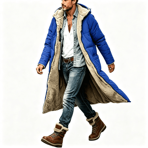 Mens Parkas Sherpa Lined Heavyweight Warm Loose Fit Full Zip Casual Winter Long Coat with Hood Blue 3XL
