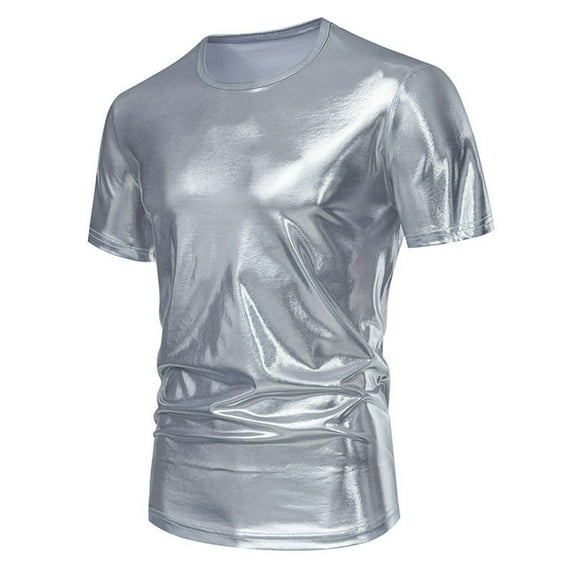 Mens Party Tee Shirt Shiny Solid color Club T-shirt O Neck Lightweight Fashion Casual Metallic Top Suitable For Beach, Vacation, Traveling