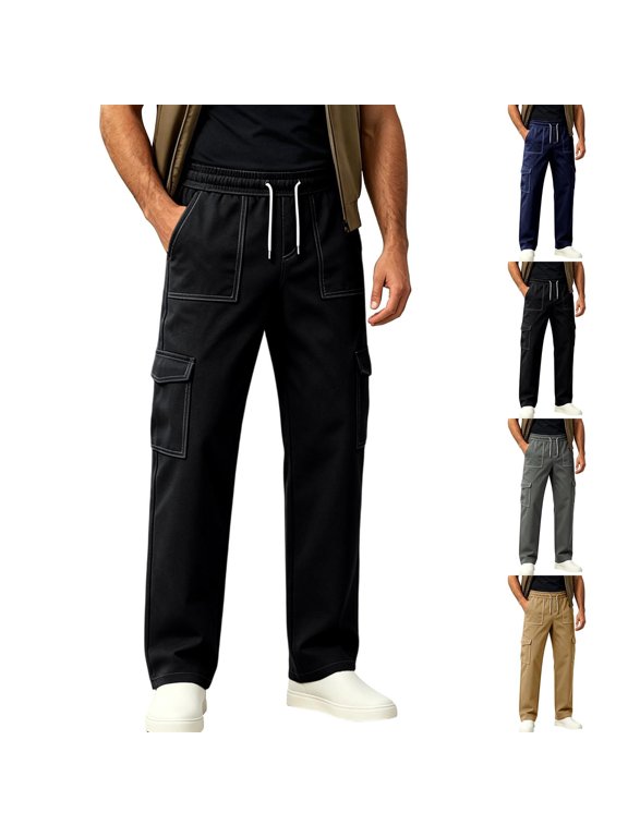 Mens Patch Pocket Cargo Pants Sevevn White Drawstring Elastic Waist Contrast Stitch Patch Pockets Flap Pockets Straight Leg Trousers for Casual Work Daily Wear