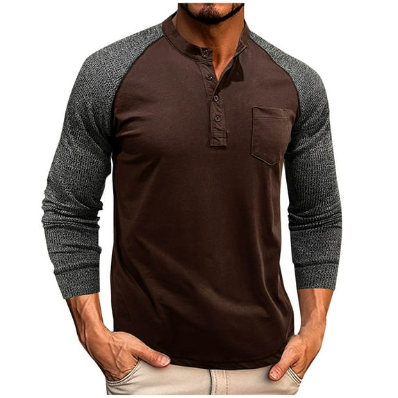 Mens Patchwork Henley Shirt Casual Button Color Block Long Sleeve Pullover Slim Stretch Polo Shirts