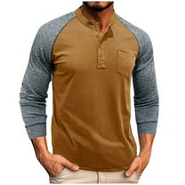 Mens Patchwork Henley Shirt Casual Button Color Block Long Sleeve Pullover Slim Stretch Polo Shirts