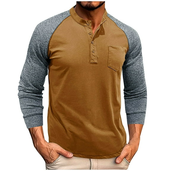 Mens Patchwork Henley Shirt Casual Button Color Block Long Sleeve Pullover Slim Stretch Polo Shirts