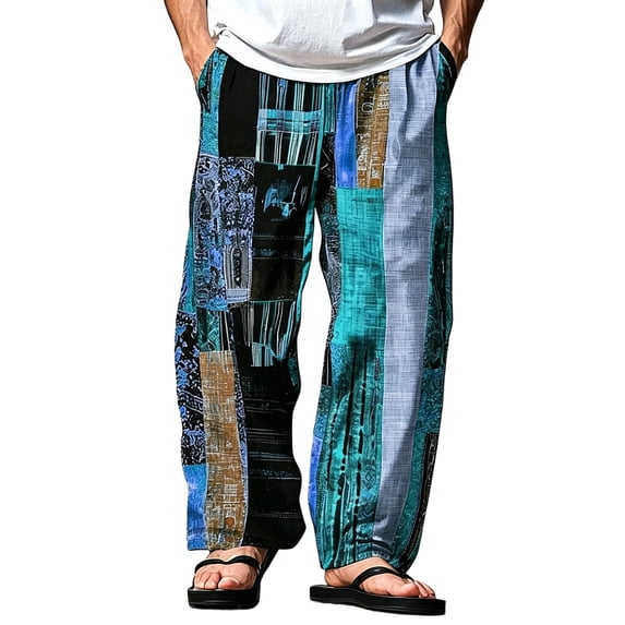 Mens Patchwork Linen Pants Beach Casual Wide Leg Printed Vacation Trousers Elastic Waist Loose Pant with Pockets Light Blue L