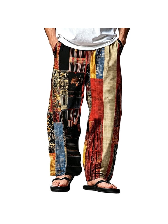 Mens Patchwork Linen Pants Beach Casual Wide Leg Printed Vacation Trousers Elastic Waist Loose Pant with Pockets Red XL