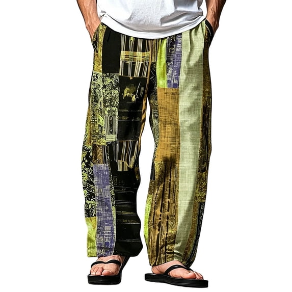 Mens Patchwork Linen Pants Beach Casual Wide Leg Printed Vacation Trousers Elastic Waist Loose Pant with Pockets Yellow L
