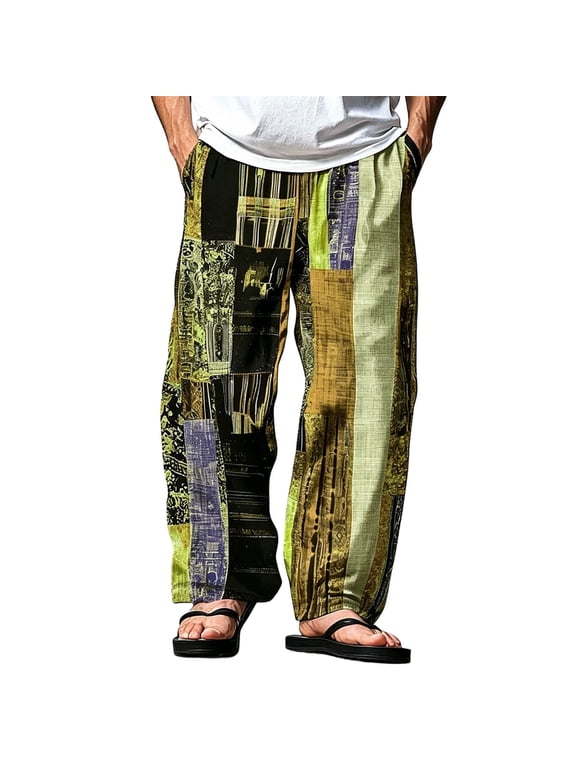 Mens Patchwork Linen Pants Beach Casual Wide Leg Printed Vacation Trousers Elastic Waist Loose Pant with Pockets Yellow XXL