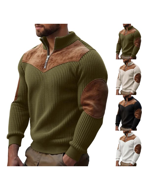 Mens Patchwork Stand Collar Knit Sweater Ribbed Long Sleeve Quarter Zip Pullover Suede Elbow Patches for Fall Winter Travel Outdoor Wear, Army Green, S