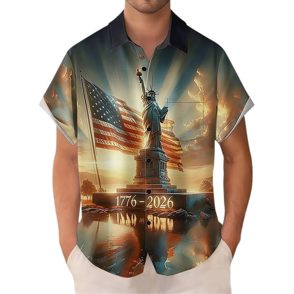 Mens Patriotic 4th of July Shirts Vintage Short Sleeve Flag Print Hawaiian Casual Button Down Shirt