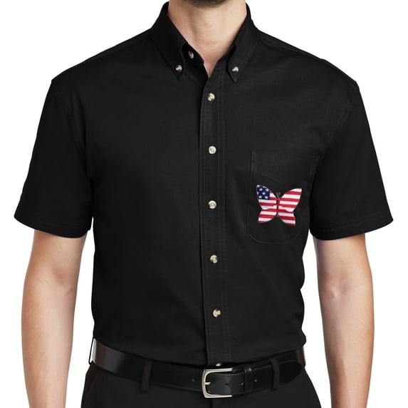 Mens Patriotic Butterfly Americana Button-Down Cotton Twill Shirt, Medium Black