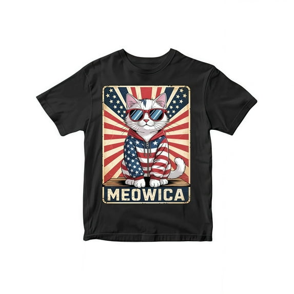 Mens Patriotic Cat T-Shirt Tee Top Black and White S-5XL Meowica Retro Vintage Americana Graphic Funny Unique Design