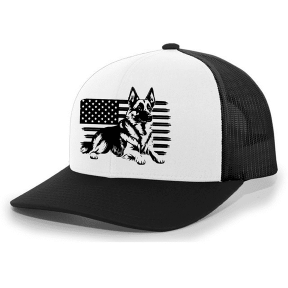 Mens Patriotic Distressed German Shepherd Rugged USA Flag Mens Mesh Back Trucker Hat-Black/White/Black