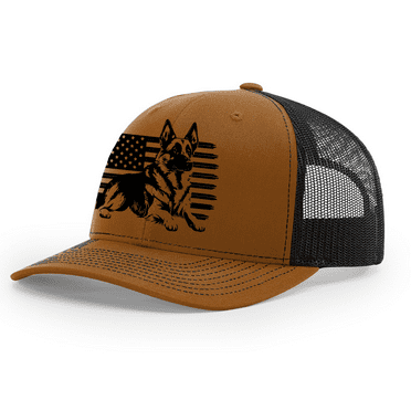 Mens Patriotic Distressed German Shepherd Rugged USA Flag Mens Mesh Back Trucker Hat-Caramel/Black