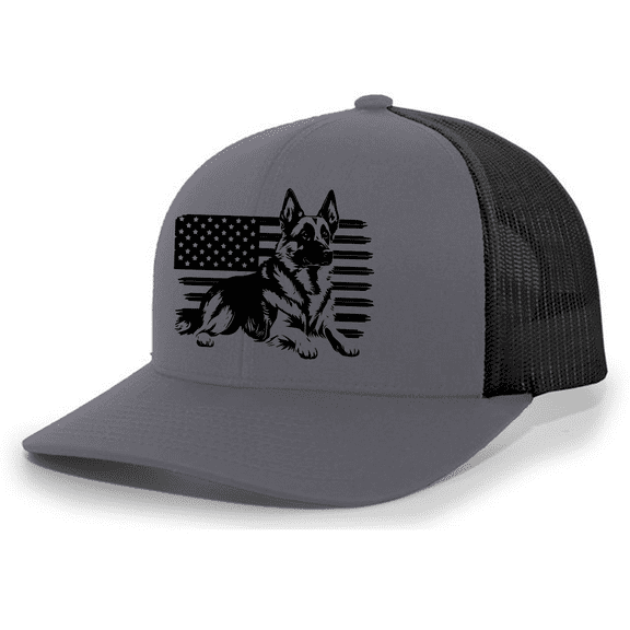 Mens Patriotic Distressed German Shepherd Rugged USA Flag Mens Mesh Back Trucker Hat-Charcoal/Black