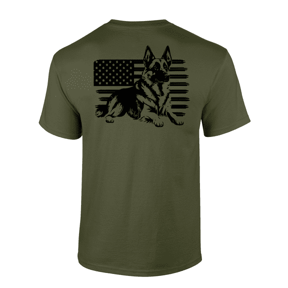 Mens Patriotic Distressed German Shepherd Rugged USA Flag Mens Short Sleeve T-Shirt-Military Green-XX-Large