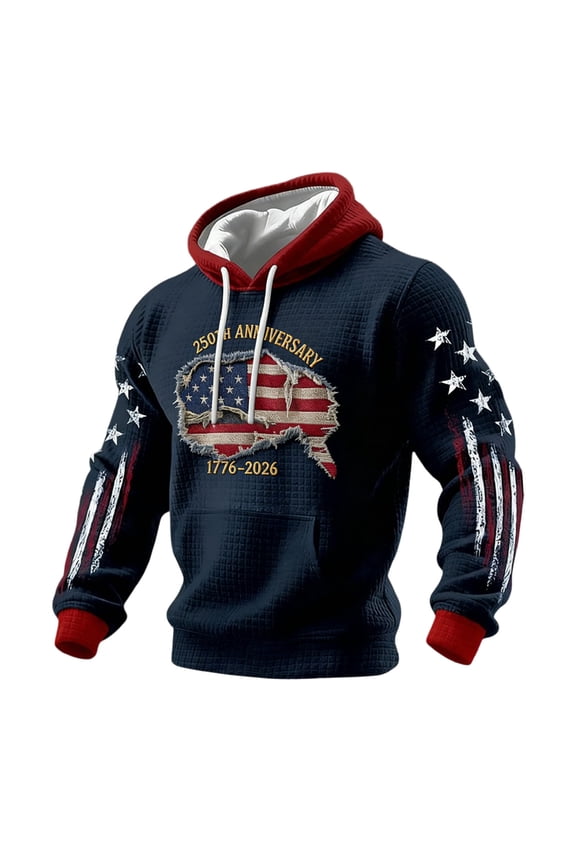 Mens Patriotic Hoodies 1776-2026 250th Anniversary Sweatshirt Distressed American Flag Hoodie Casual Waffle Pullover with Pocket