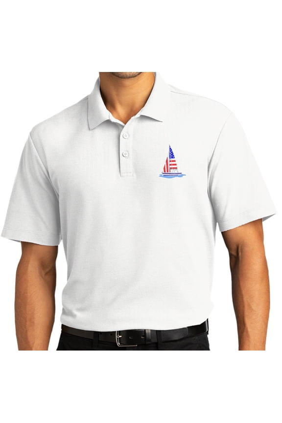 Mens Patriotic Sailboat Sailing Patch Short Sleeve Polo Shirt, Extra-Small White