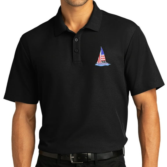 Mens Patriotic Sailboat Sailing Patch Short Sleeve Polo Shirt, Small Deep Black