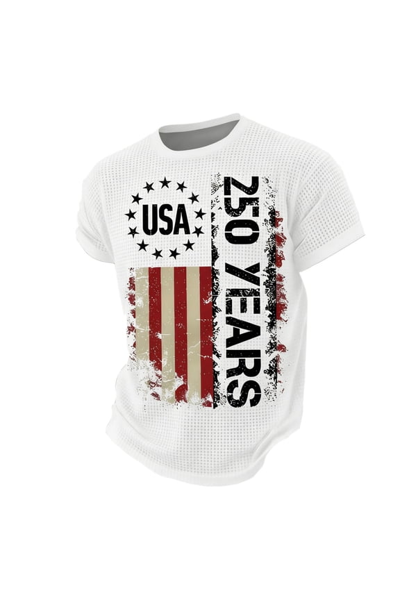 Mens Patriotic Shirt 250 Anniversary Usa Independence Day Shirts Crew Neck Short Sleeve Usa Flag Tees Waffle Big and Tall American Flag T Shirts White 3XL