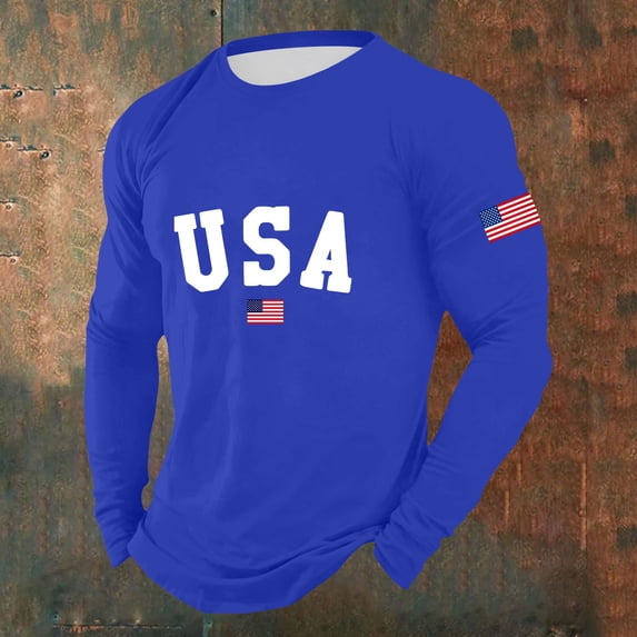 Mens Patriotic Shirts 250Th Anniversary Men's Graphic Long Sleeve Crew Neck Everyday Casual Comfort Tee 4Th of July Shirts Men Blue L