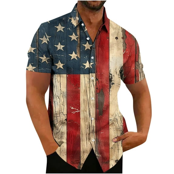 Mens Patriotic T Shirt American Flags Printing Vintage Tops Collared T-Shirt Button Down Blouse Short Sleeve Shirts Dressy Casual Blouses Fourth of July 1776