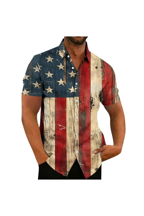 Mens Patriotic T Shirt American Flags Printing Vintage Tops Collared T-Shirt Button Down Blouse Short Sleeve Shirts Dressy Casual Blouses Fourth of July 1776