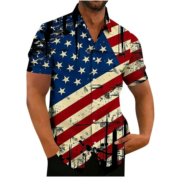 Mens Patriotic T Shirt American Flags Printing Vintage Tops Collared T-Shirt Button Down Blouse Short Sleeve Shirts Dressy Casual Blouses Fourth of July 1776