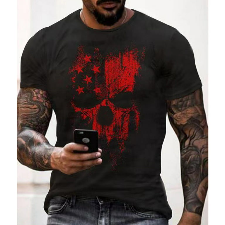 Mens Patriotic T-Shirts American USA Flag Short Sleeve Retro Skull Print  Slim Fit Shirt Comfortable Leisure Tops