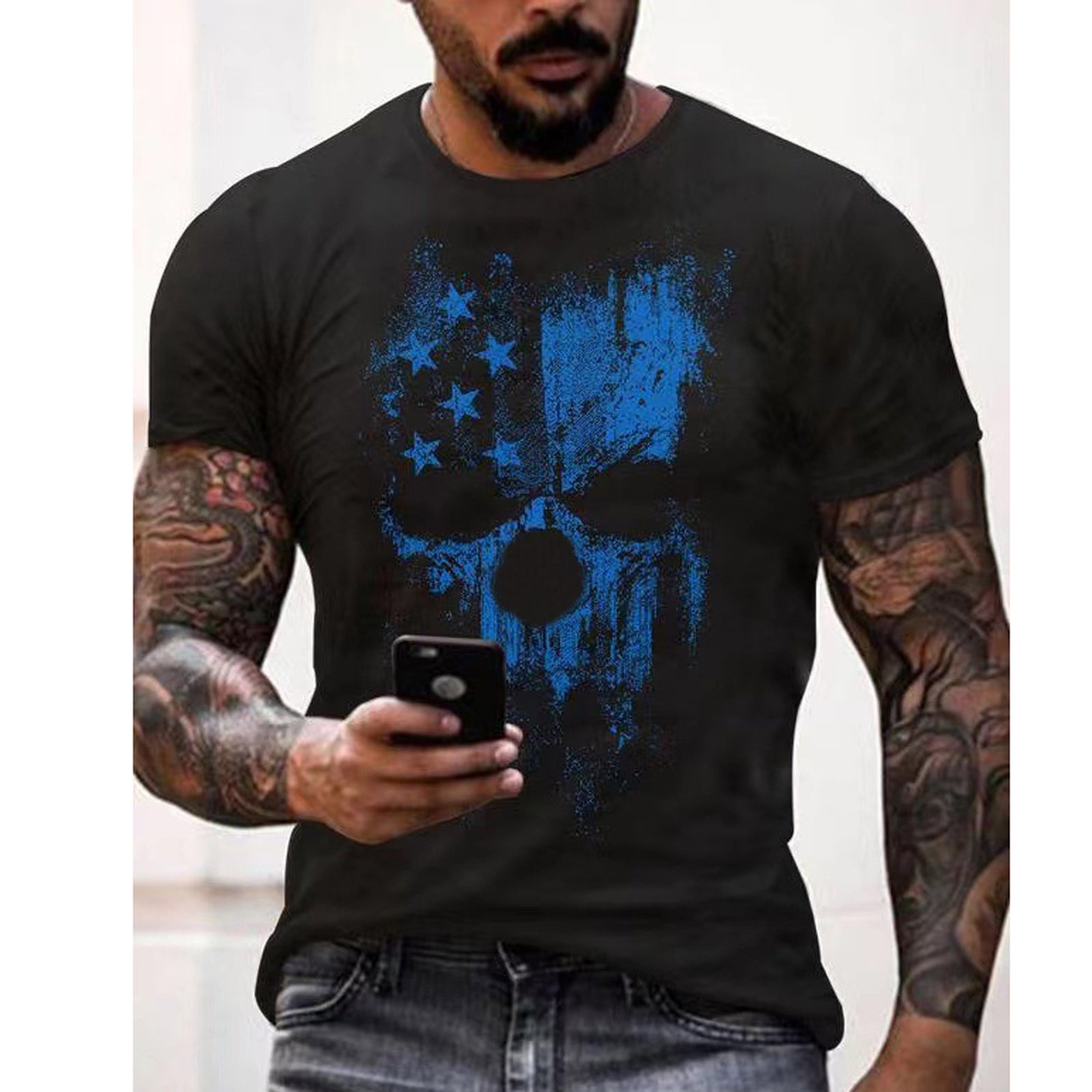 Mens Patriotic T-Shirts American USA Flag Short Sleeve Retro Skull Print  Slim Fit Shirt Comfortable Leisure Tops