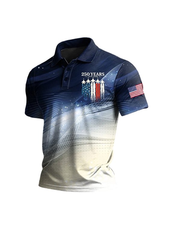 Mens Patriotic USA 250th Anniversary Short Sleeve Polo Shirts, American Flag Embroidery Vintage US Flag Print Casual Tops for Independence Day(Navy5,S)