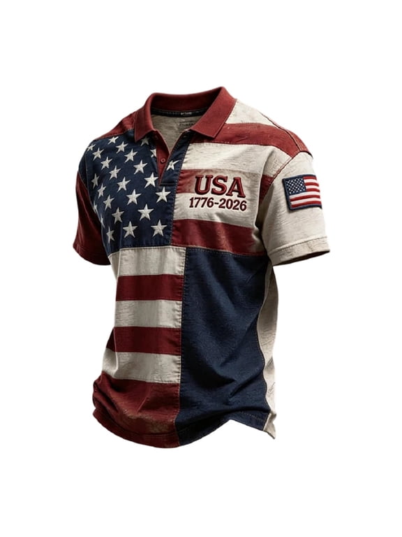 Mens Patriotic USA 250th Anniversary Short Sleeve Polo Shirts, American Flag Embroidery Vintage US Flag Print Casual Tops for Independence Day(,XL)
