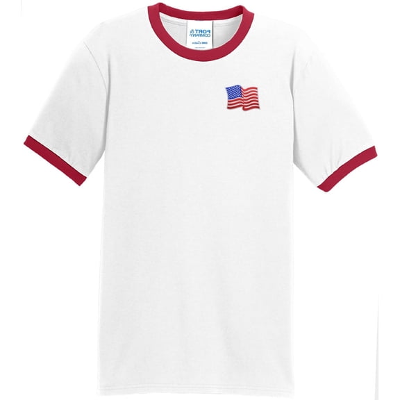 Mens Patriotic Waving American Flag Patch 100% Cotton Ringer Tee Shirt, 3XL White/Red