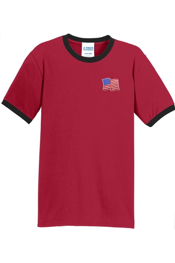 Mens Patriotic Waving American Flag Patch 100% Cotton Ringer Tee Shirt, Large Red/Black