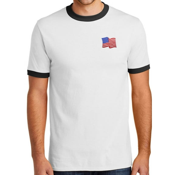 Mens Patriotic Waving American Flag Patch 100% Cotton Ringer Tee Shirt, Large White/Black