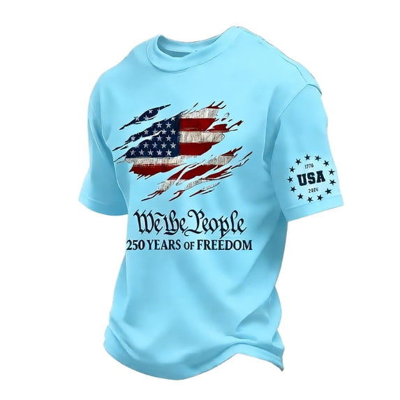 Mens Patriots Shirts Independence Day 250 Years Of America T Shirts Short Sleeve Crew Neck We the People Shirt American Flag Button Down Graphic Tees Light Blue L