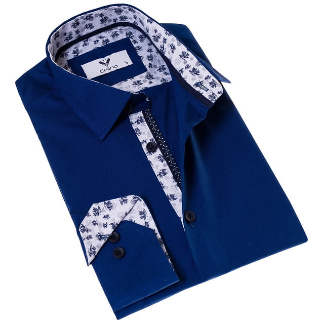 Fray Light and Dark Blue Floral Print Cotton Dress Shirt XXL