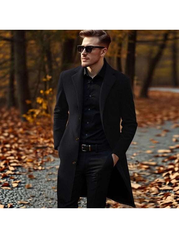Mens Pea Coat Wool Blend Single Breasted Overcoat Notched Lapel Collar Warm Winter Clothes Slim Fit Business Casual Jacket Fall Winter Outfits With Pockets
