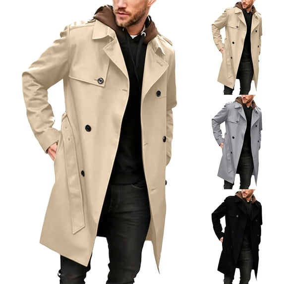Mens Pea Coats Double Breasted Notched Lapel Belt Casual Slim Fit Trench Coat Mid Long Fall Winter Windproof Overcoat with Pockets Beige
