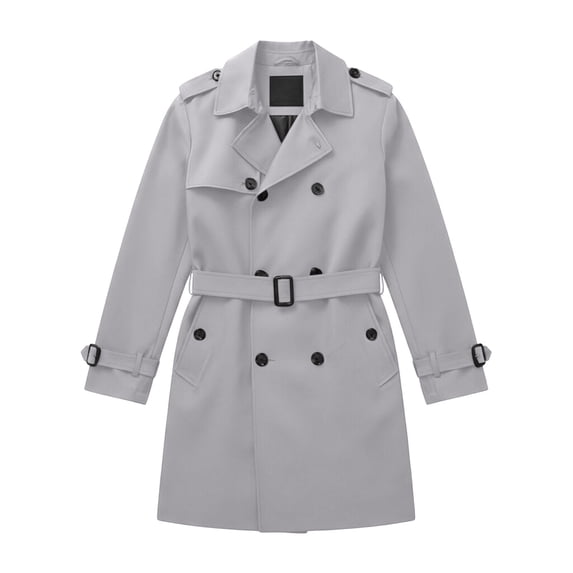 Mens Pea Coats Double Breasted Notched Lapel Belt Casual Slim Fit Trench Coat Mid Long Fall Winter Windproof Overcoat with Pockets Gray