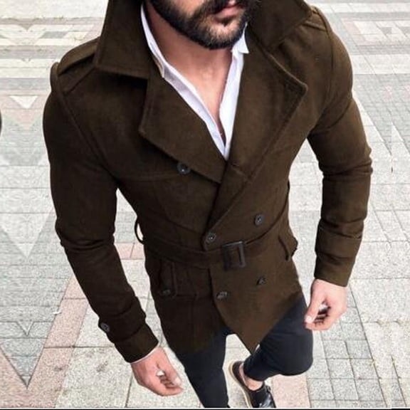 Mens Pea Coats for Winter Wool Solid Color Woolen Cloth Button Lapel Overcoat Jacket