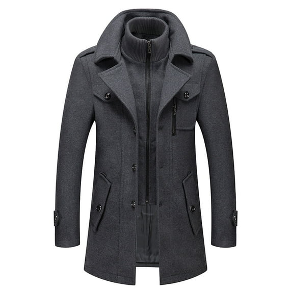 Mens Pea coat Men's Gentle Layered Collar Single Quilted Lined Wool Blend Pea Coats Thick Warm Winter Jacket Grey XL