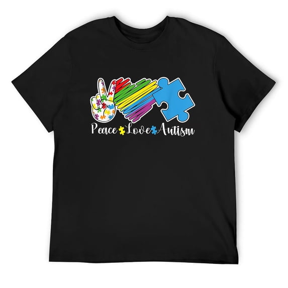 Mens Peace Love Autism Puzzle In April We Wear Blue For Autism T-Shirt Black 4X-Large