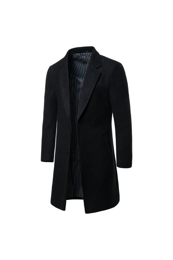 Mens Peacoat Jackets Fashion Solid Color Medium Long Casual Woolen Coat Coat Long Sleeve Stand Collar Breasted Pocket Brushed Trench Coat