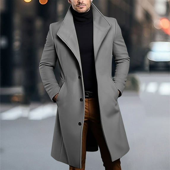 Mens Peacoats Lapel Collar Dressy Casual Slim Fitting Trench Coat Mid Long Winter Overcoat with Pockets Dark Gray XXL